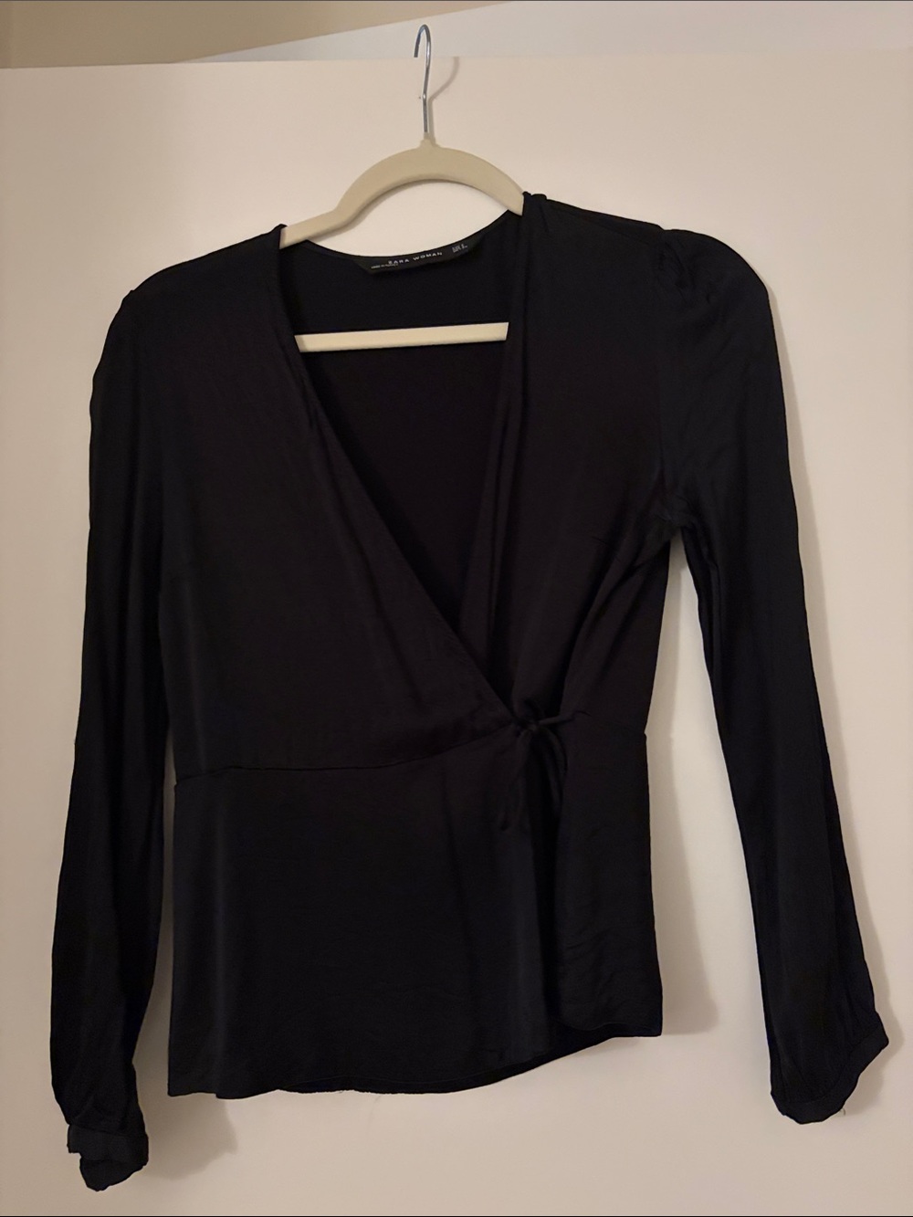 Zara Black Wrap-Style Long Sleeve Blouse